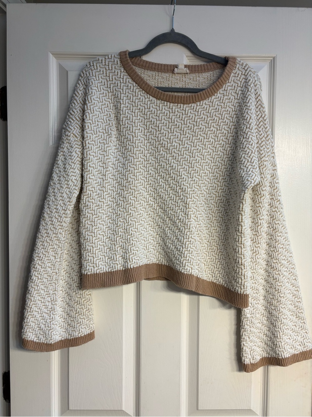 Anthropologie Cream Textured Knit Sweater with Tan Trim